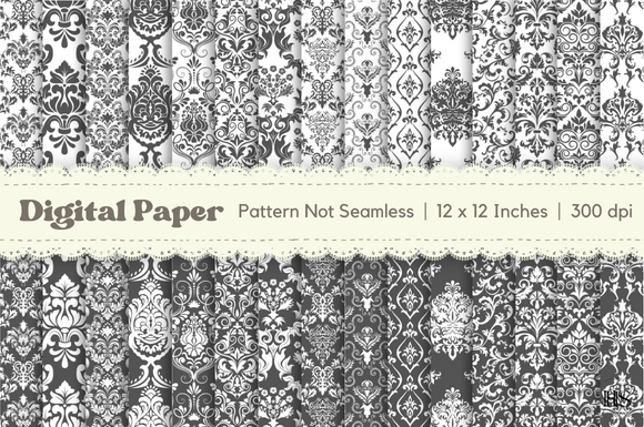 30 Black Damask Digital Paper Pattern