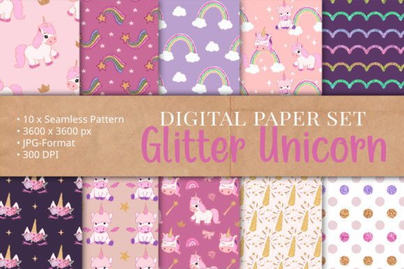 Glitter Unicorn Pattern Set Seamless: A Versatile Digital Paper Collection for Creative Projects